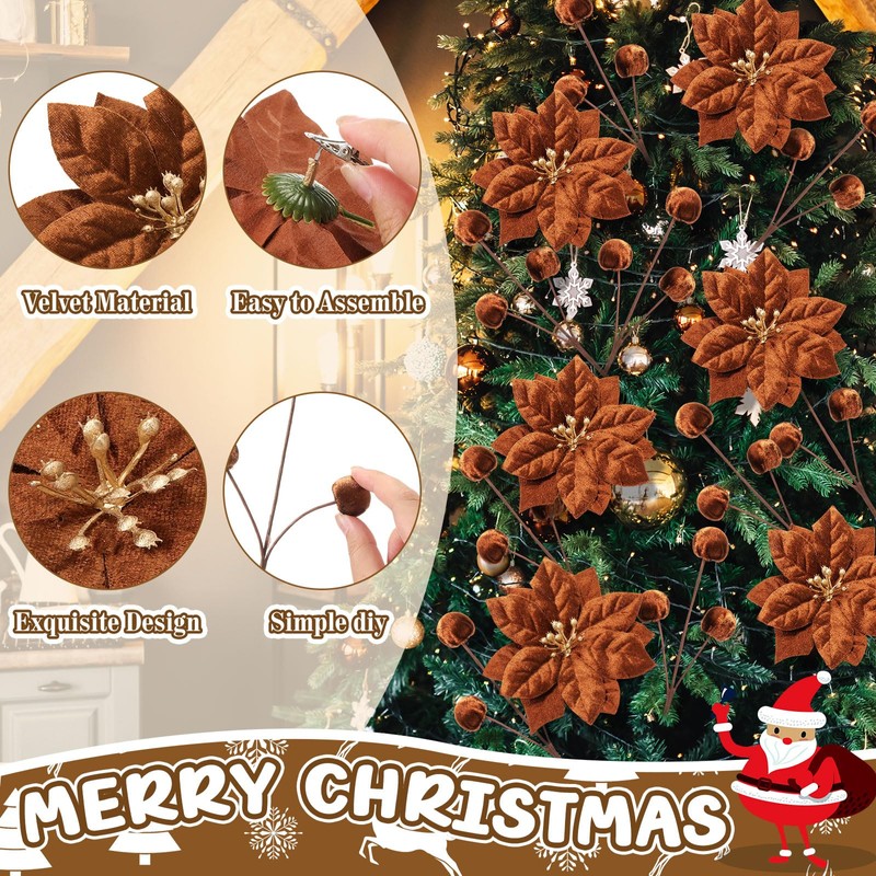 18 Pcs Velvet Christmas Tree Ornament Poinsettia Flower, Brown