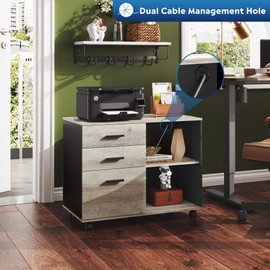 DEVAISE 3 Drawer Mobile File Cabinet, Wood Lateral Filing Cabinet, Printer Stand with Open Shelves for Home Office, Greige
