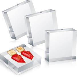 Remerry 4 Pieces 3 x 3 x 1 Acrylic Square Display Block Clear Polished Acrylic Cube Jewelry Stand Ring Showcase Display Holder Base