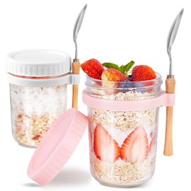 HomArtist Glass Overnight Oats Containers with Lids and Spoon, 16oz Wide Mouth Mason Jars for Overnight Oats, Cereal, Yogurt, Salad Lunch Container with Measurement Marks - Pink&White 2 Pack