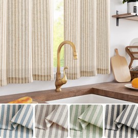 Vangao Linen Net Curtain, Brown Striped Bistro Curtain, Stripes, Semi-Transparent Panel Curtains, Kitchen Curtain, 65 x 60 cm (W x H), Short Window Scarf for Living Room, Small Window, Country House,