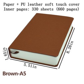 Thick Sketchbook Memo Writing Sketch Pad Diary 660 Pages Drawing Notebook Soft Faux Leather Cover Journal 80GSM Paper Blank Notepad (A5, brown)