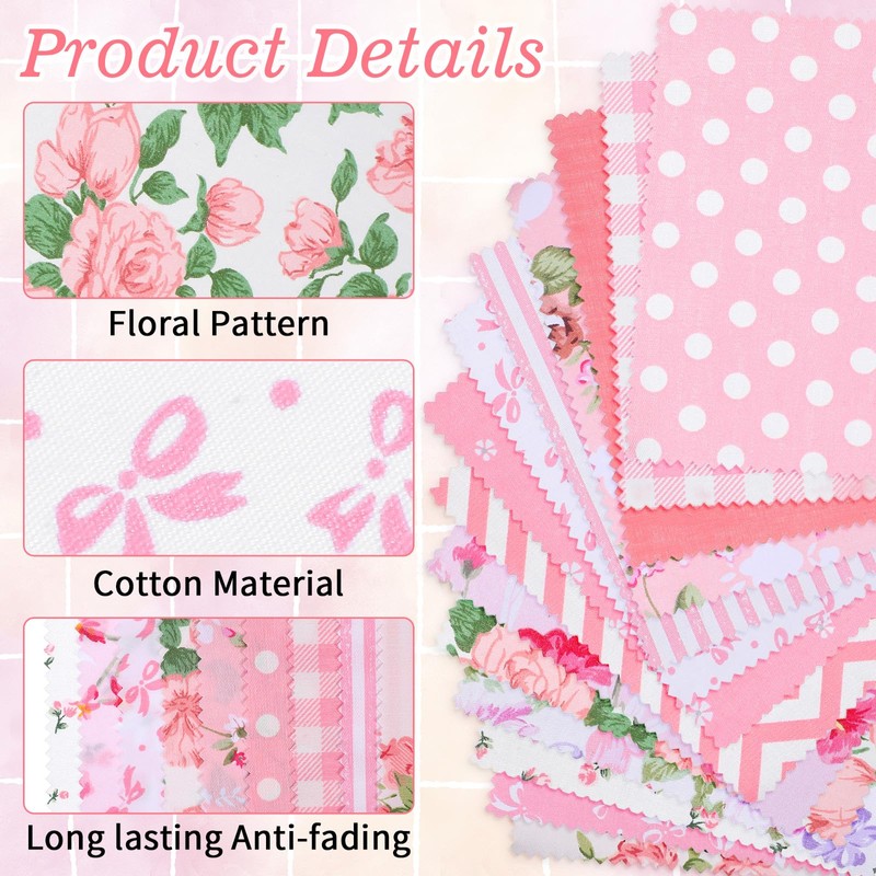 42Pcs Pink Charm Packs for Quilting, 100% Cotton Fabric Squares