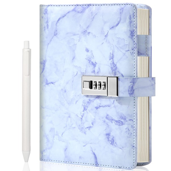 CAGIE Marble Diary with Lock for Girls and Women, A5 Secret Journal with Lock 192 Pages Waterproof Girls Locked Diary with Pen, Password Locked Journals for Teen Girls, Purple