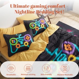 Sonive 7 Pieces Queen/Full Size Kids Comforter Set, 7-Piece Bed in a Bag All-Season Microfiber Kids' Comforter, Fitted Sheet, Flat Sheet, Pillow Shams, Pillowcases for Boys/Girls Night Connection