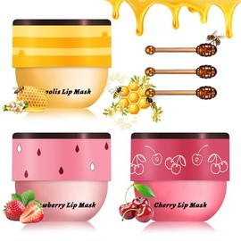 CAHIUYOA 3 Bálsamos Labiales De Abeja Con Aroma A Miel, Fresa, Miel Y Cereza. Mascarilla Hidratante Para Dormir Con Bálsamo Labial De Abeja En Barra. 
