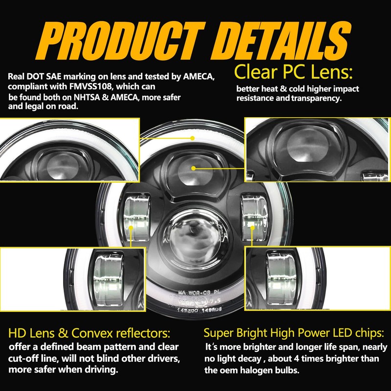 7 inch Motorcycle LED Headlight 4.5" Fog Passing Lights DOT
