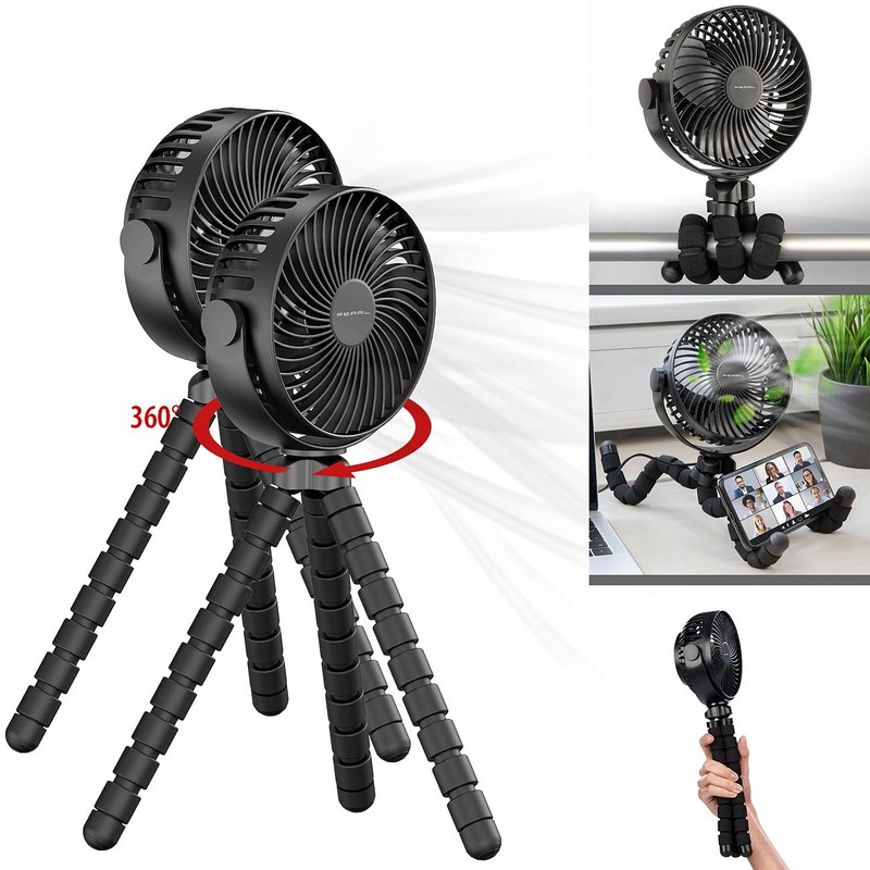 PEARL Kinderwagenventilator: 2er-Set 360°-Akku-Handventilatoren mit Stativ, 3 Geschwindigkeiten (Ventilator mit