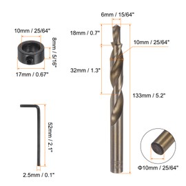 HARFINGTON 2pcs Pocket Hole Drill Bit 25/64" Dia 15/64" Tip Round Shank Replacement Twist Step Drill Bit with M10 Depth Stop Collar and Wrench for Woodworking
