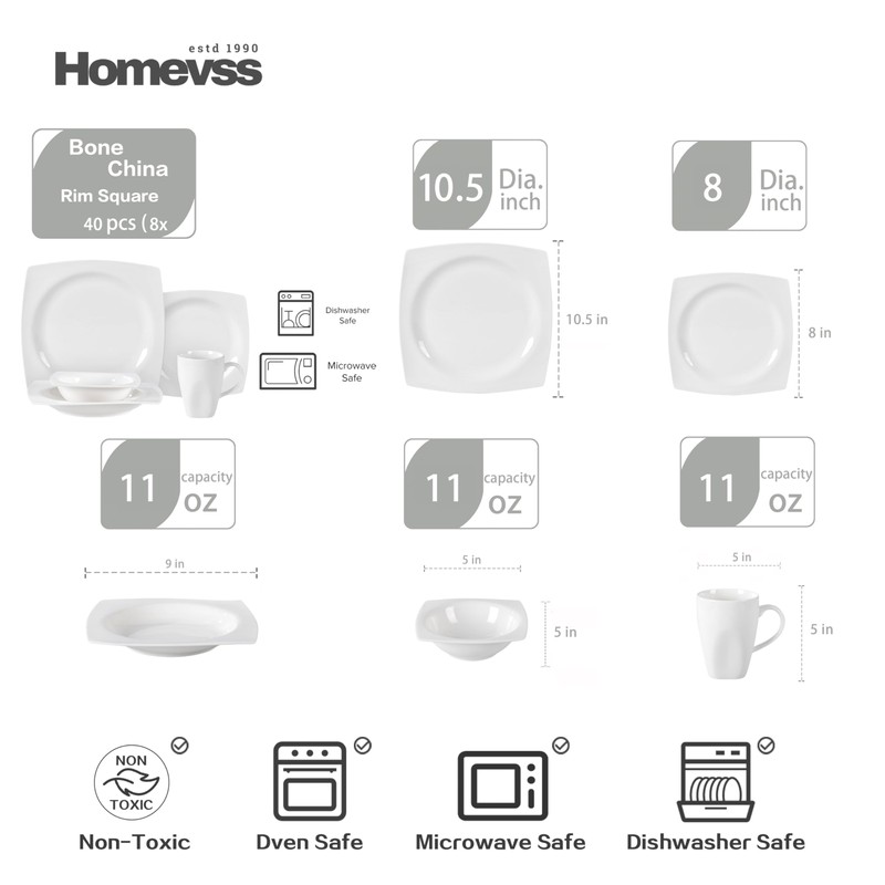 HomeVss, New Bone China Dinnerware SEt, Rim Square Shape, 40pc