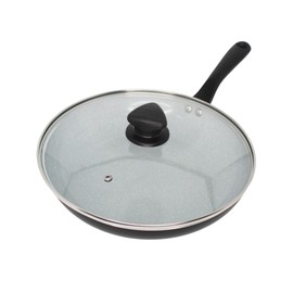 IMUSA 11-Inch Aluminum Fry Pan with Gray Speckled Ceramic Nonstick Coating, Matte Black Exterior, Glass Lid & Cool-Touch Handle, PFAS Free