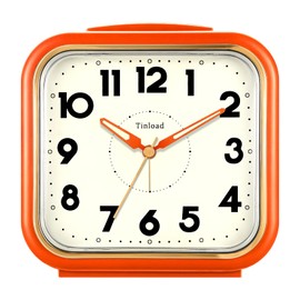 Tinload 5.5" Large Analog Alarm Clock • Silent Non Ticking • Gentle Wake • Beep Sounds • Increasing Volume • Battery Operated Snooze and Manual Light • Retro Orange