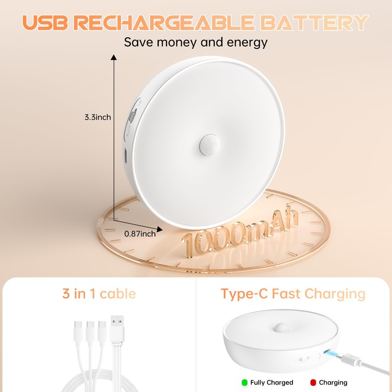 Warm Color LED Closet Lights Motion Sensor Step Light, USB