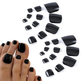 Jrusmr Black Press-On Toenails-24 pcs Glossy Solid Color Fake Toenails Bright Black Minimalist Design Short Reusable Acrylic Toenails Easy Glue-On for Women & Girls Summer Fresh Look