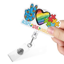 Juoqg Accept Love Understand Funny Puzzle Pieces Glitter Retractable Badge Reel with Alligator Clip for Mental Health Doctor Nurse, Autism Awareness Badge Holder for Teacher, Neurodiverse Badge Reel