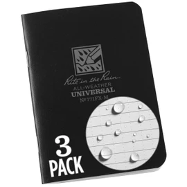 Rite in the Rain Weatherproof Mini-Stapled Notebook, 3 1/4" x 4 5/8", Black Cover, Universal Pattern, 3 Pack (No. 771FX-M)