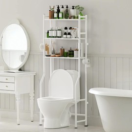 AriseWork 3-Tier Over The Toilet Storage with Paper Holder, Metal Bathroom Organizers and Storage for Small Space, Freestanding Bathroom Shelves with 4 Hooks, Above The Toilet Storage Shelf, White