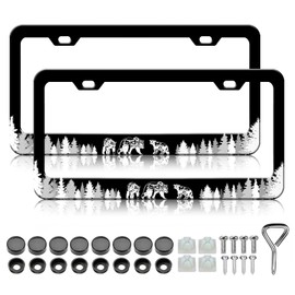 HCSS Bear License Plate Frames - 2 Pack Forest Tree Funny License Plate Holder, Stainless Steel Rust-Proof Waterproof Car Decorative Tag Frame with Screws Fasteners Caps