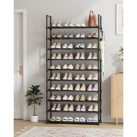 Kitsure Shoe Rack for Closet - 10-Tier Shoe Organizer with Hook Rack, Large-Capacity & Space-Saving Shoe Shelf for Entryway, Bedroom, Living Room,32.2" x 11.8" x 68.5", Black