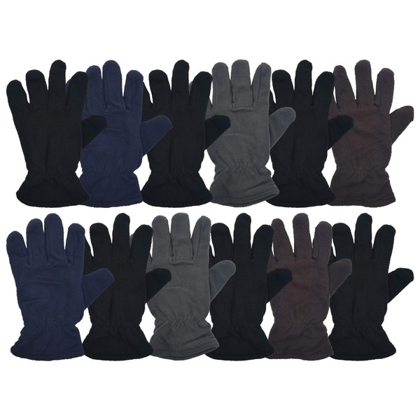 12 Pairs of Winter Fleece Gloves, Unisex, Soft Warm Cozy Sports Glove, Mens or Womens (Mens Assorted)