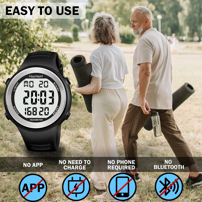 Waterproof Pedometer Watch for Senior Non Bluetooth No App Required