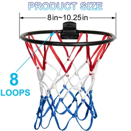 LAO XUE 2 Pack Mini Basketball Net Replacement,8 Loops Indoor Outdoor Nets,Suitable for Doors and Walls (Red,White,Blue)