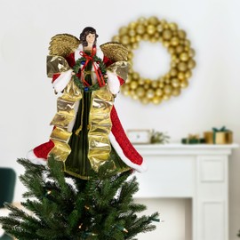 Northlight 18" Red and Green Angel with Wreath Christmas Tree Topper, Unlit