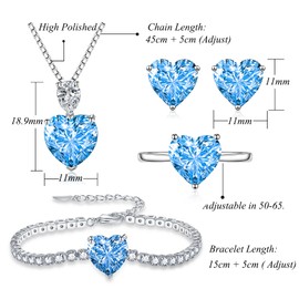 Loutade Silver Jewellery Set for Women, 925 Sterling Silver 4 PCS Fashion Heart Necklace Earrings Ring Bracelet Set, Heart-shaped Jewellery for Women Set with Blue Cubic Zirconia for Girls