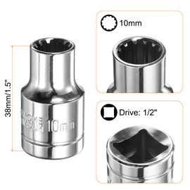 sourcing map 12 Point Socket 1/2" Drive by 10mm Metric Shallow Socket Chrome Vanadium Steel 12-Point Standard Sockets Mechanic Hand Tool for Car Repair Mechanical Maintenance Home Use