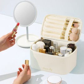 KITENROM Travel Makeup Bag Portable Cosmetic Bags for Women Large Toiletry Bag Cute Pouch Organizer Waterproof (Light Beige)