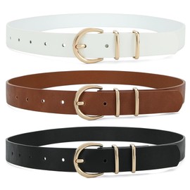 Earnda Set of 3 Waist Belts for Women Jeans Pants Dresses with Gold Buckle Faux Leather Ladies Belt White Brown Black Small