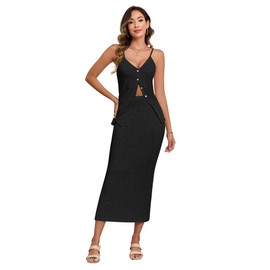 FIOPHY Women's 2 Piece Skirt Sets Summer Lounge Sets Sleeveless Knit Sweater Top & Dress Travel Resort Beach Wear Outfits Black L