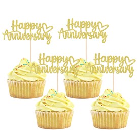 12Pcs Happy Anniversary Cupcake Toppers,Glitter Gold Wedding Anniversary Cupcake Toppers,for Party Celebration Wedding Anniversary