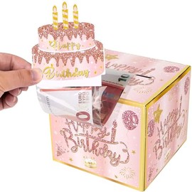 LBYHZS Caja de Regalo de Cumpleaños para Tirón de Efectivo, Hucha Cumpleaños para Tirar de Dinero,Caja de Regalo Sorpresa para Niños y Adultos con 30 Bolsas Transparentes,Regalos Creativos (Rosa)