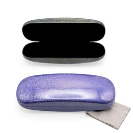 TRUEIN Pack of 2 Portable Hard Case Glasses Case, PU Leather Hard Shell Glitter Glasses Case, Glasses Case Girls Teenagers with Cleaning Cloth, Glasses Case for Women Children, Scratch-Resistant