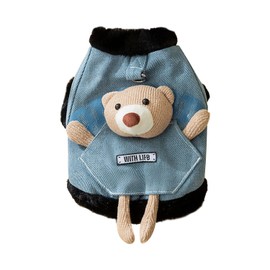 Souher Denim Jacket Coat, Fleece Lined, Bear Pattern, Cotton, Warm, Cold Protection, Cute, Pet Clothing, Dog Wear, D-Ring Included, Cute Jacket, For Pets, Puppies, Cats, Chihuahua Clothes, Outings,
