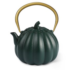SKIKEN Pumpkin Cast Iron Teapot with Infuser - Japanese Kettle with Enamel Interior for Loose Leaf Brewing, 40oz Traditional Tetsubin, Stainless Steel Filter, Stovetop Safe (Dark Green)