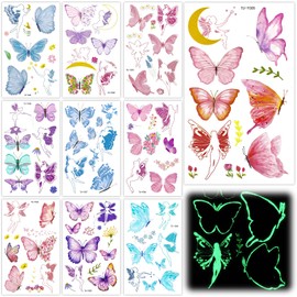 lasuroa 10 Sheets Luminous Butterfly Temporary Tattoos, Glow In The Dark Butterfly Tattoos Floral Butterfly Tattoo Stickers for Kids Girls Women Adults Party Favors Decorationsv, Medium