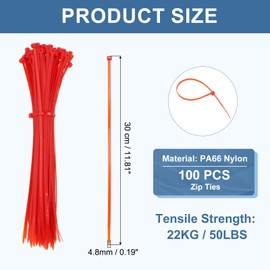 PATIKIL Cable Zip Ties 12 Inch, 100 Pcs Self-Locking Nylon Wire Tie Wraps Heavy Duty Cord Management with 50 lbs Tensile Strength for Indoor and Outdoor, Red (0.2"W)