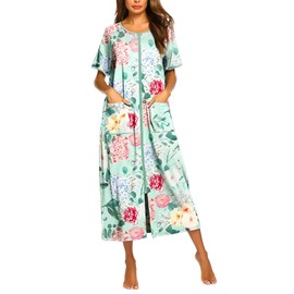 Ekouaer Women Robes Zipper Front Short Sleeve Full Length Housecoat with Pockets Loungewear Green Flower,4XL