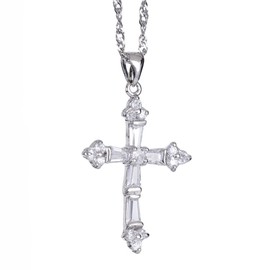 RIZILIA Crucifix Cross Pendant with 45cm(18") Chain & Trapezoid Cut Gemstones CZ [White Topaz] in 18K White Gold Plated, Simple Modern Elegance