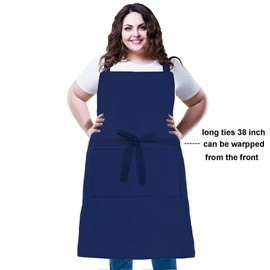 XIEJINJIA 2 Pack Adjustable Bib Apron Long Ties with 2 Pockets Thicker Canvas Water Resistant Kitchen Cooking Baking Chef Aprons for Women Men Navy Blue