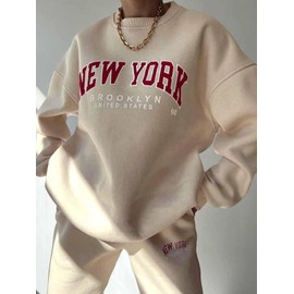 SHEKINI Women's Two Piece Tracksuit Sweatsuit Outfit Letter Print Leisure Suits Ladies Warm Outfit Full Set Long Sleeve Pullover Jogger Sweatpants