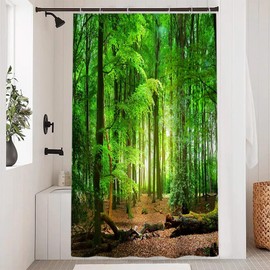 Uiiooazy Shower Curtain Forest, Shower Curtain Green Leaves Tree Landscape Shower Curtains Anti Mould Waterproof Polyester Fabric Washable Opaque Bathroom Curtain with 8 Hooks for Bathroom 120 W x 200