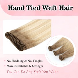 ABH AMAZINGBEAUTY HAIR Hand Tied Weft Hair Extensions Real Remy Human Hair Beach Blonde With Dirty Blonde Highlights Chestnut Brown Sew in Weft Real Human Hair R6-18-613# 50G 18 Inch