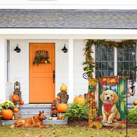 TOPFLAGS Fall Garden Flag 12x18 Inch Double Sided Dog Autumn Yard Flags Decoration for Home Porch Outside