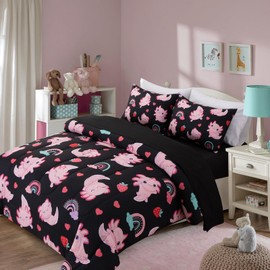 A Nice Night Animal Comforter Axolotl Salamander Printed on Black Bedding Set, 5Pcs Bed in A Bag Twin Size Comforter Set for Kids Boys Ultra Soft with Pillowcase (Black)