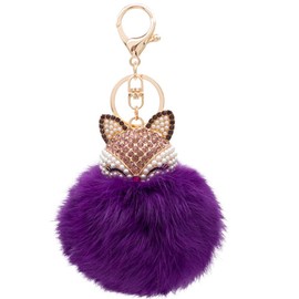 HOYUNLA Rabbit Fur Ball Pom Pom Keychain with Fox Head Studded with Synthetic Pearl Rhinestone for Womens Bag Car Key Chain Charm Pendant Decoration (purple)