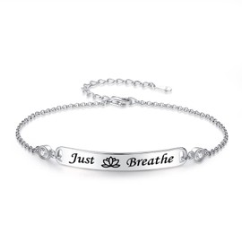 BEILIN Sterling Silver Just Breathe Bracelets Charm Bangle Bracelet Lotus Flower Inspirational Jewelry Gift for Women