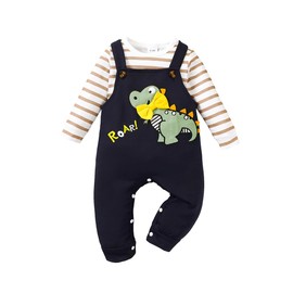 LUJENGEFA Baby Boy 2 pcs Outfit Clothes Set Stripe Tops Dinosuar Print Overall + Adjustable Suspender Pants Brown-Long Sleeve 6-12 months
